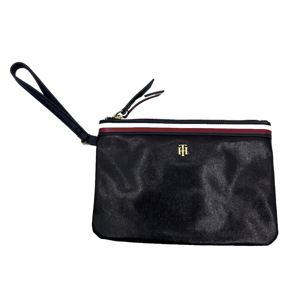 Tommy Hilfiger Womens Wristlet Pouch Navy Logo Zip Clutch Preppy